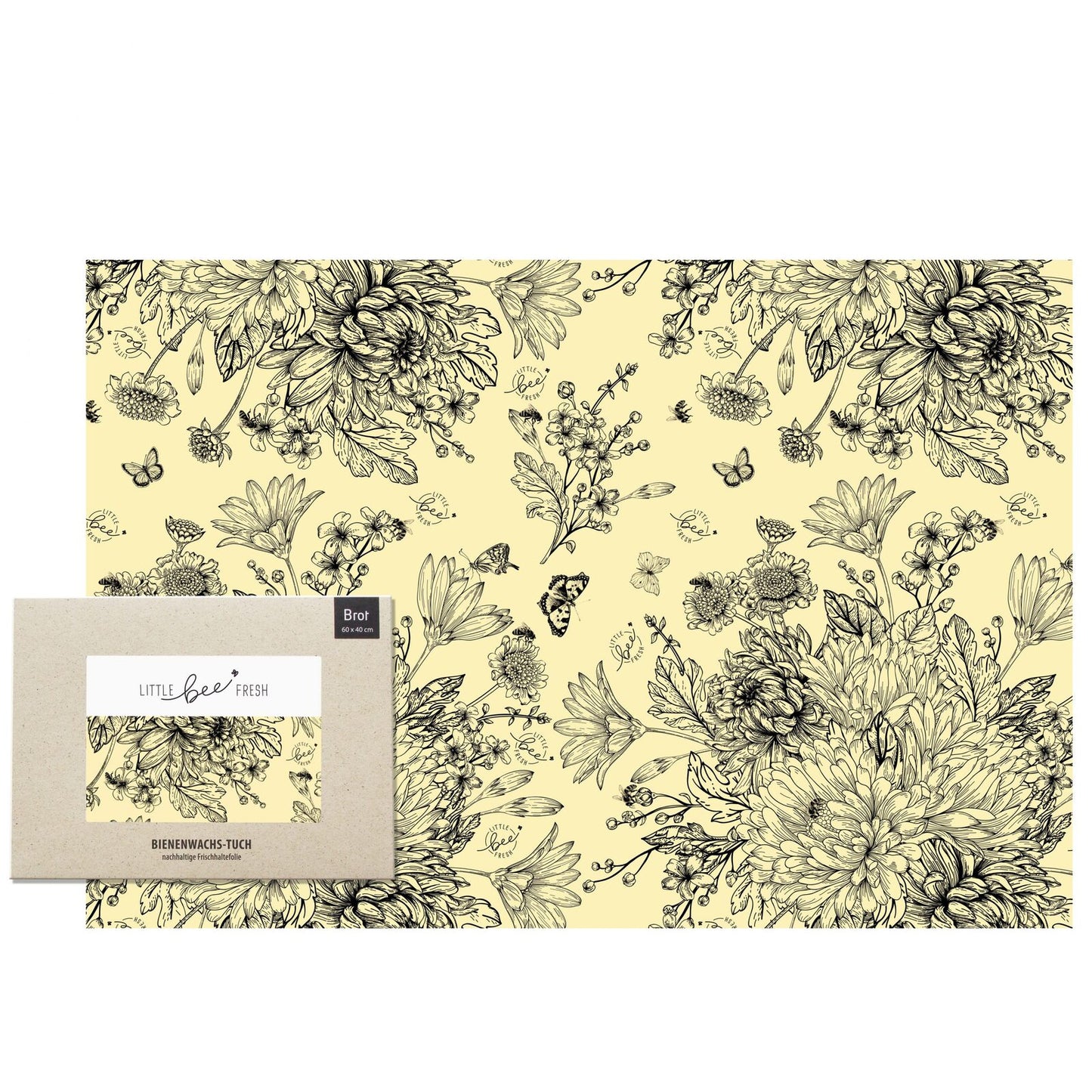 Blumenwiese schwarz-weiss Brottuch Bienenwachstuch